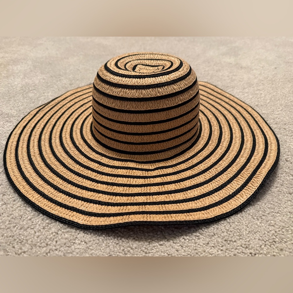 a.n.a. Striped Tan and Black Wide Brim Floppy Sun Hat NWT